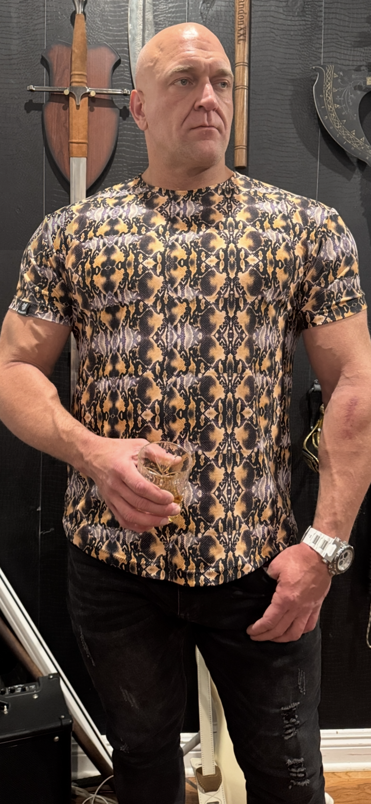 Boa Print Spandex T‑Shirt in Brown & Gold for Statement Streetwear | H8S S26 n2