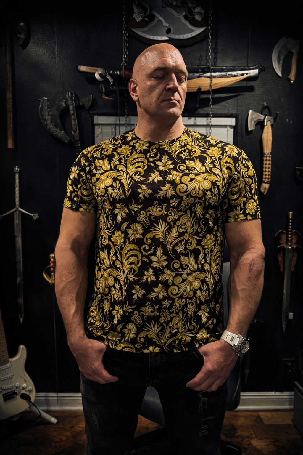 Baroque Print Power Mesh Polo Shirt in Gold & Black for Luxury Statement Wear | H8S S26 n1