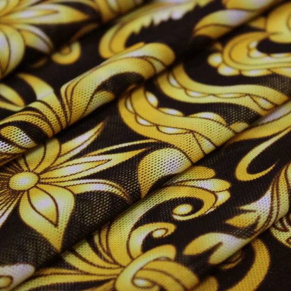 Baroque Print Power Mesh Polo Shirt in Gold & Black for Luxury Statement Wear | H8S S26 n1